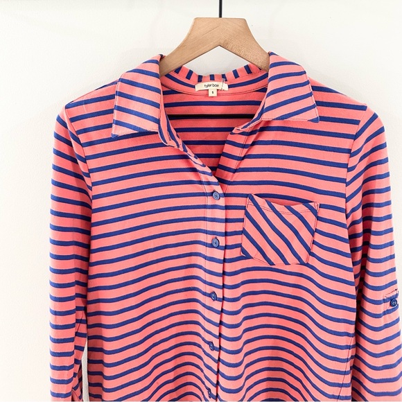 Tyler Boe Button Front Knit Top Pink Blue Stripe Size Small - Picture 2 of 5